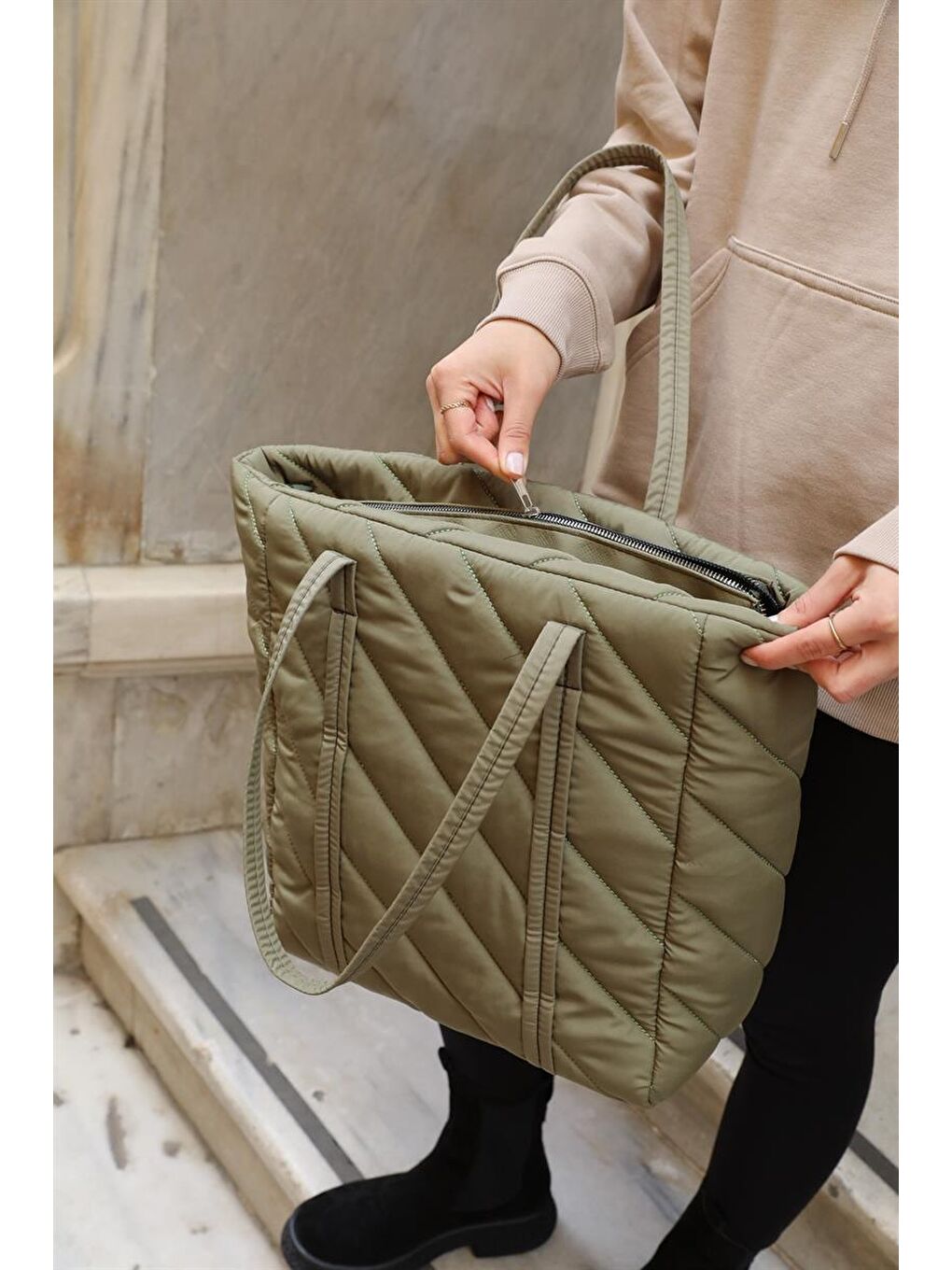 Çapraz Şeritli Puf Çanta Haki-2