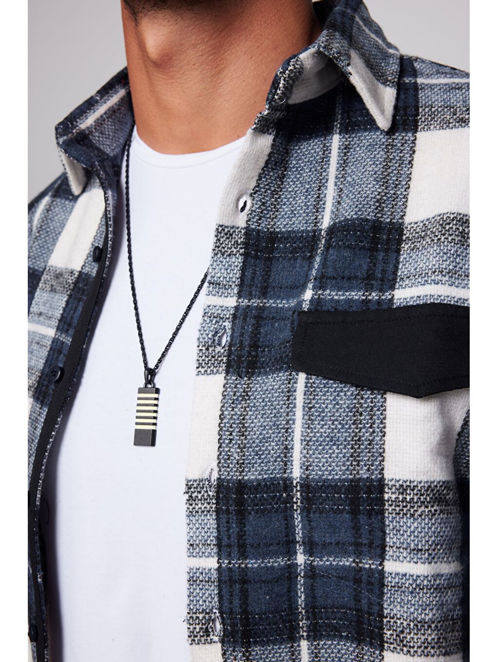 Karışık Slim Fit Dar Kesim Spor Yaka Kareli Oduncu Siyah-Gri Erkek Gömlek-3