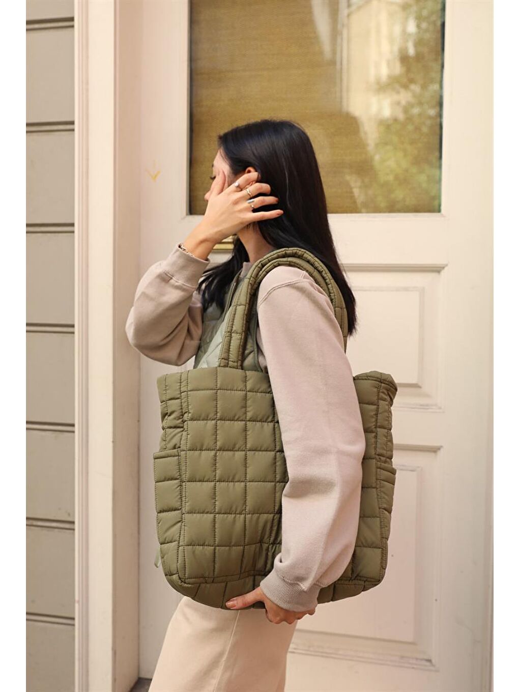 Nakışlı Puf Tote Çanta Haki