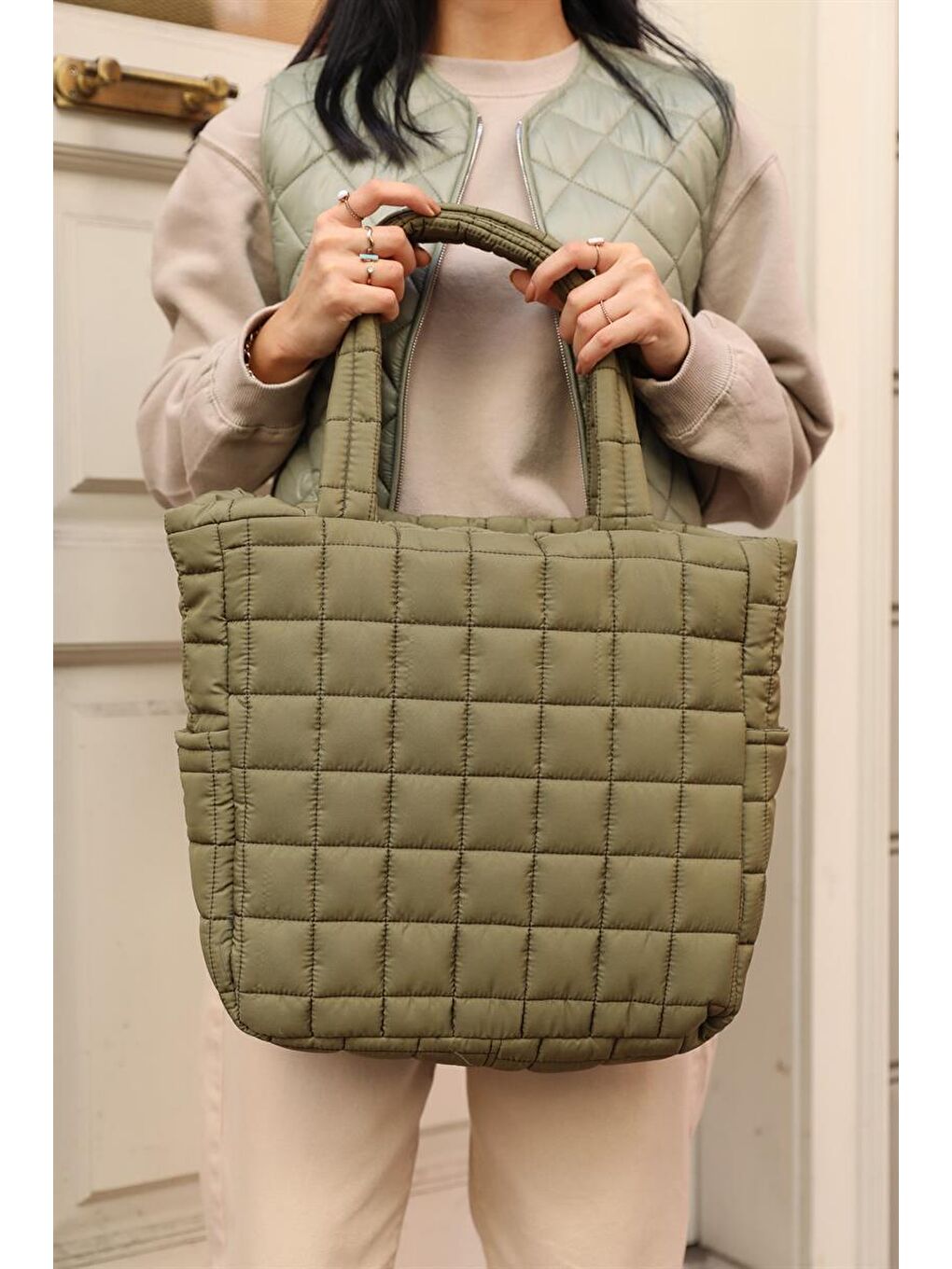 Nakışlı Puf Tote Çanta Haki-1