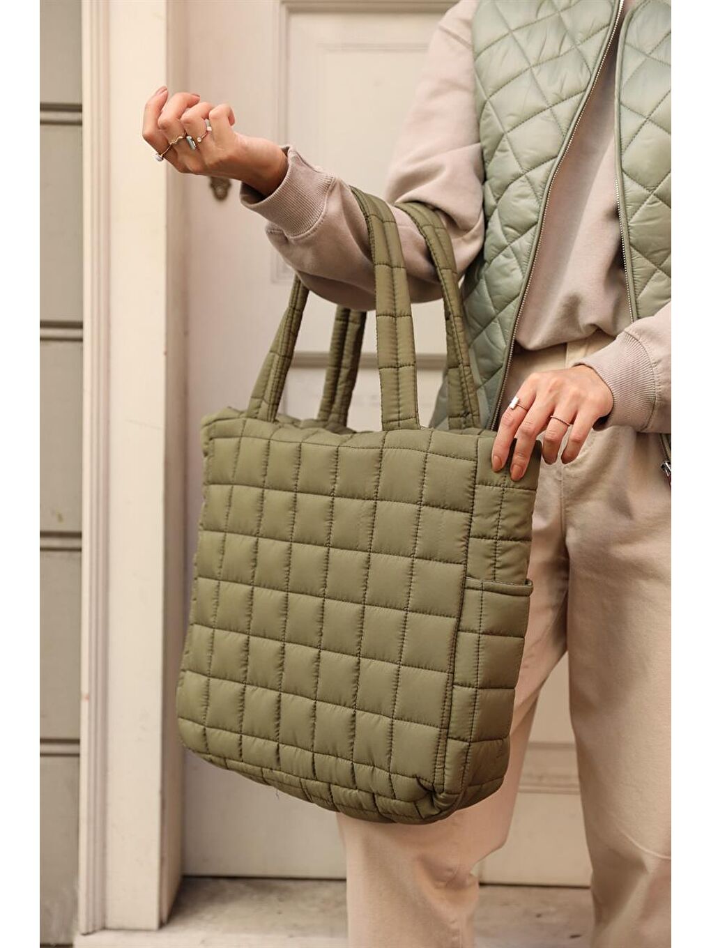 Nakışlı Puf Tote Çanta Haki-2