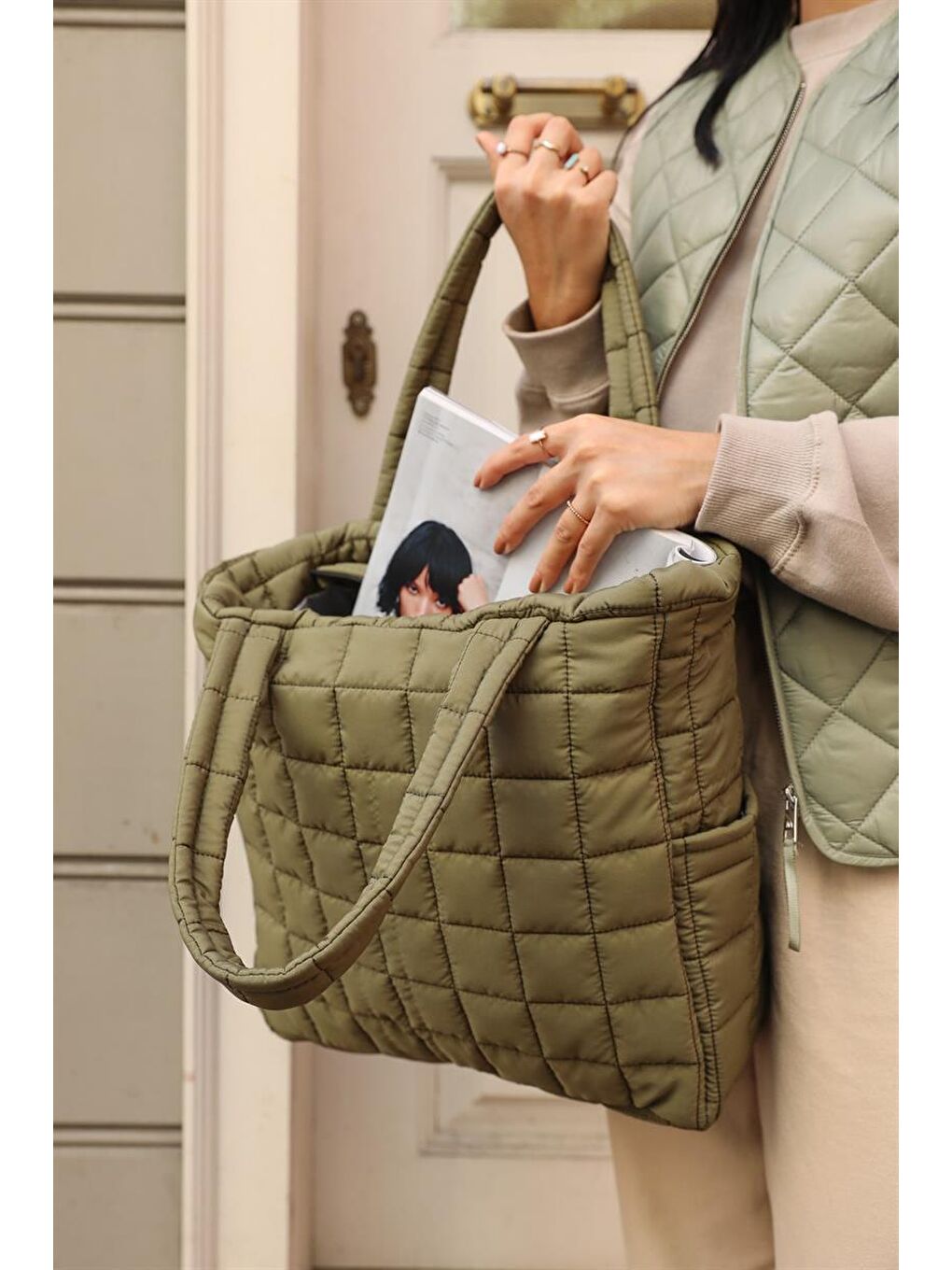 Nakışlı Puf Tote Çanta Haki-3