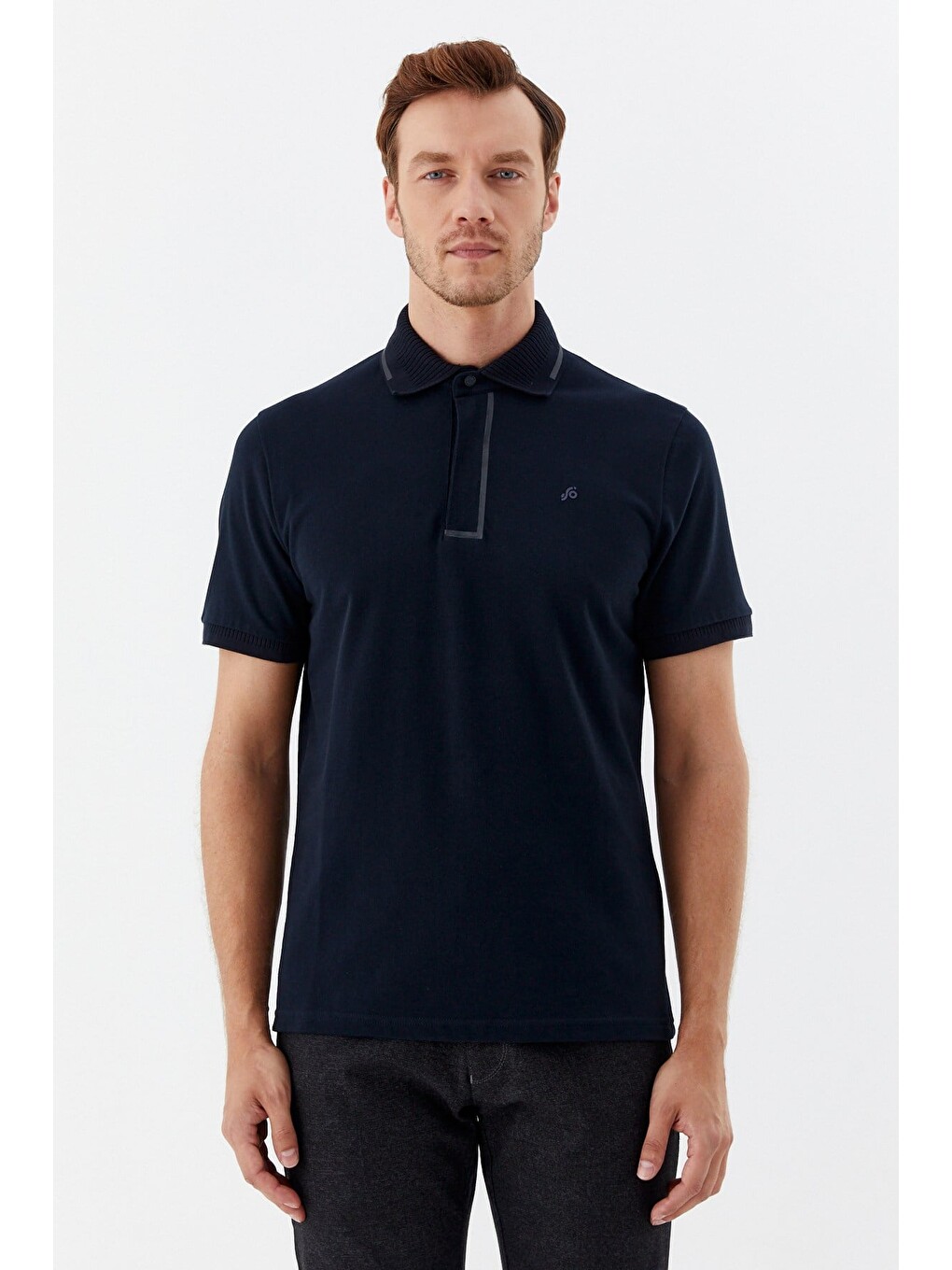 Lacivert %100 Pamuk Gizli Fermuarlı Polo Yaka T-shirt