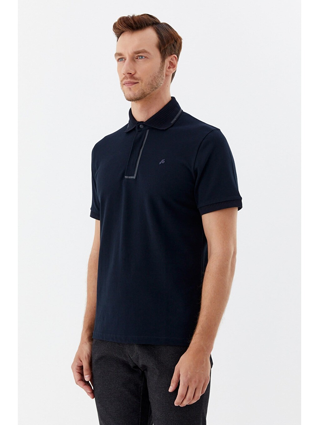 Lacivert %100 Pamuk Gizli Fermuarlı Polo Yaka T-shirt-1