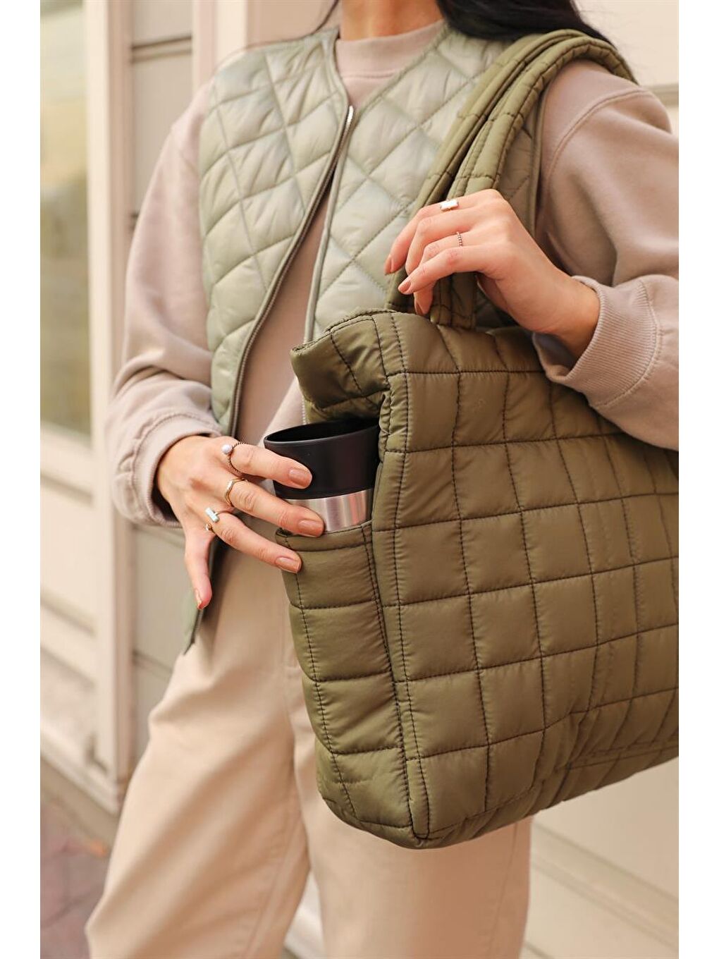 Nakışlı Puf Tote Çanta Haki-4