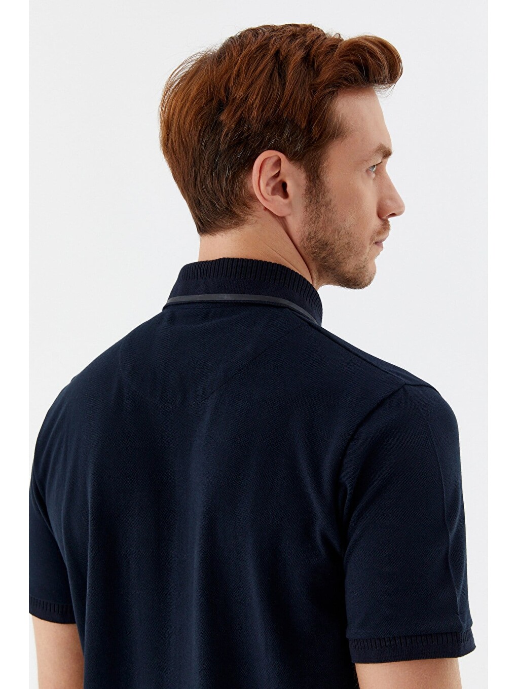 Lacivert %100 Pamuk Gizli Fermuarlı Polo Yaka T-shirt-4