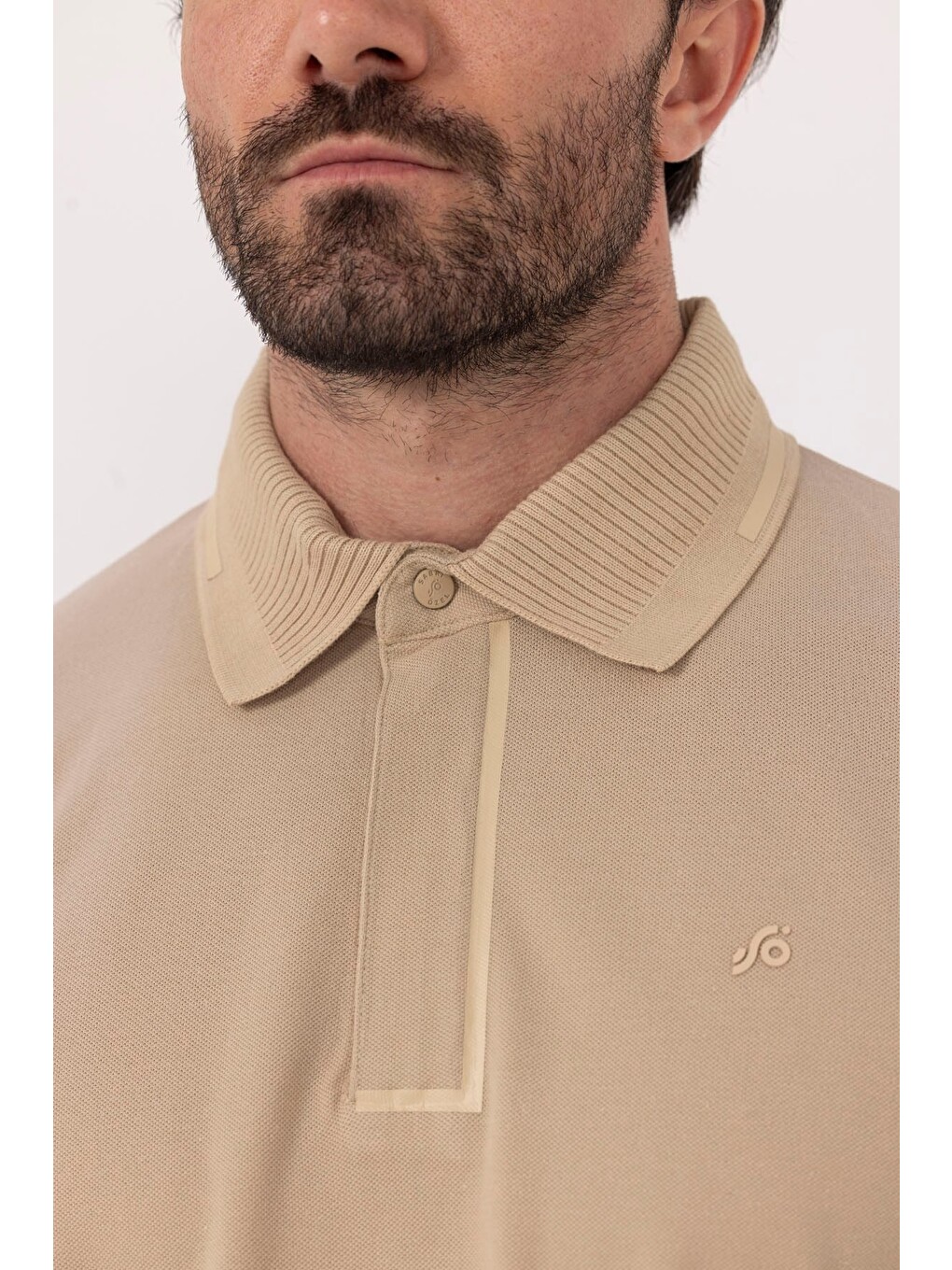 Bej Erkek Kum Dar Kesim Slim Fit %100 Pamuk Pike Polo Yaka Tişört-1