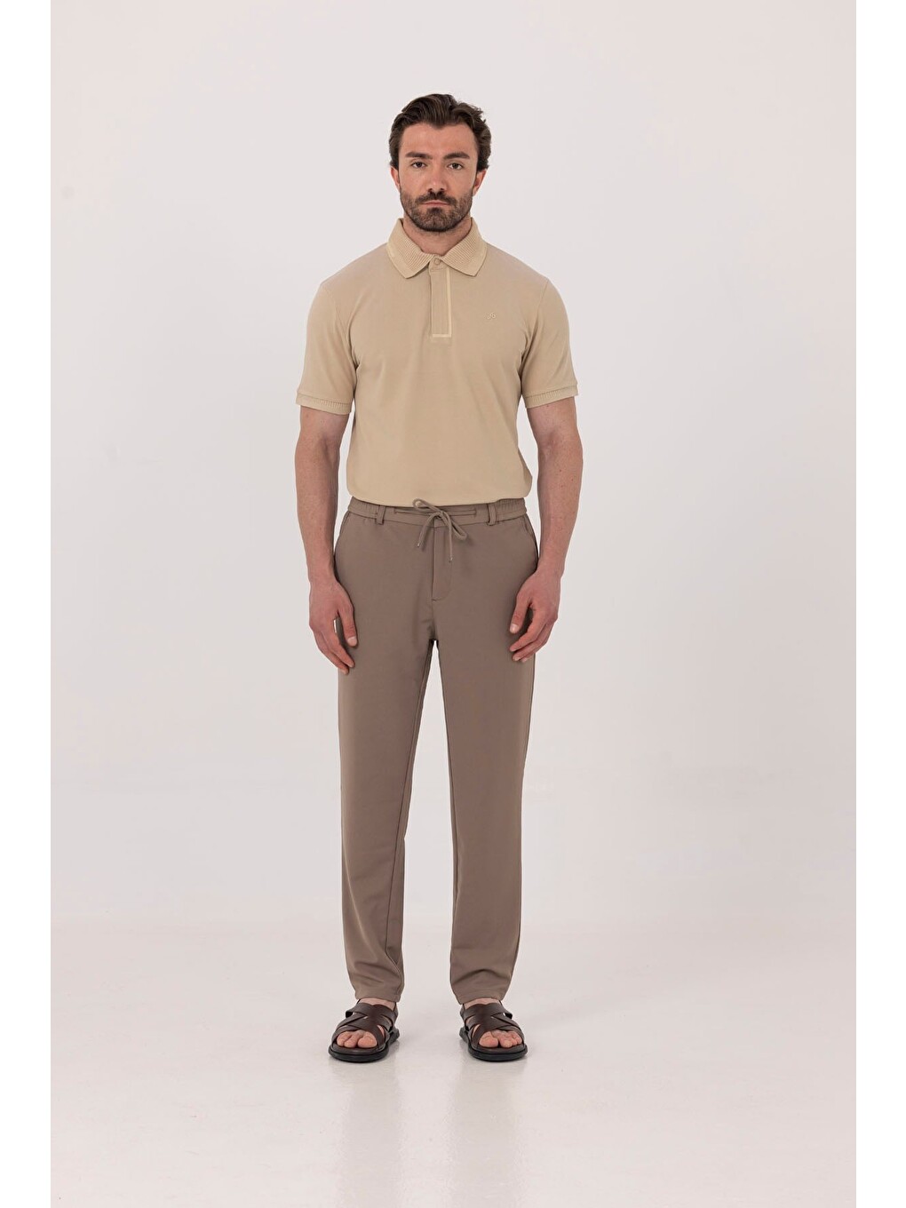 Bej Erkek Kum Dar Kesim Slim Fit %100 Pamuk Pike Polo Yaka Tişört-2