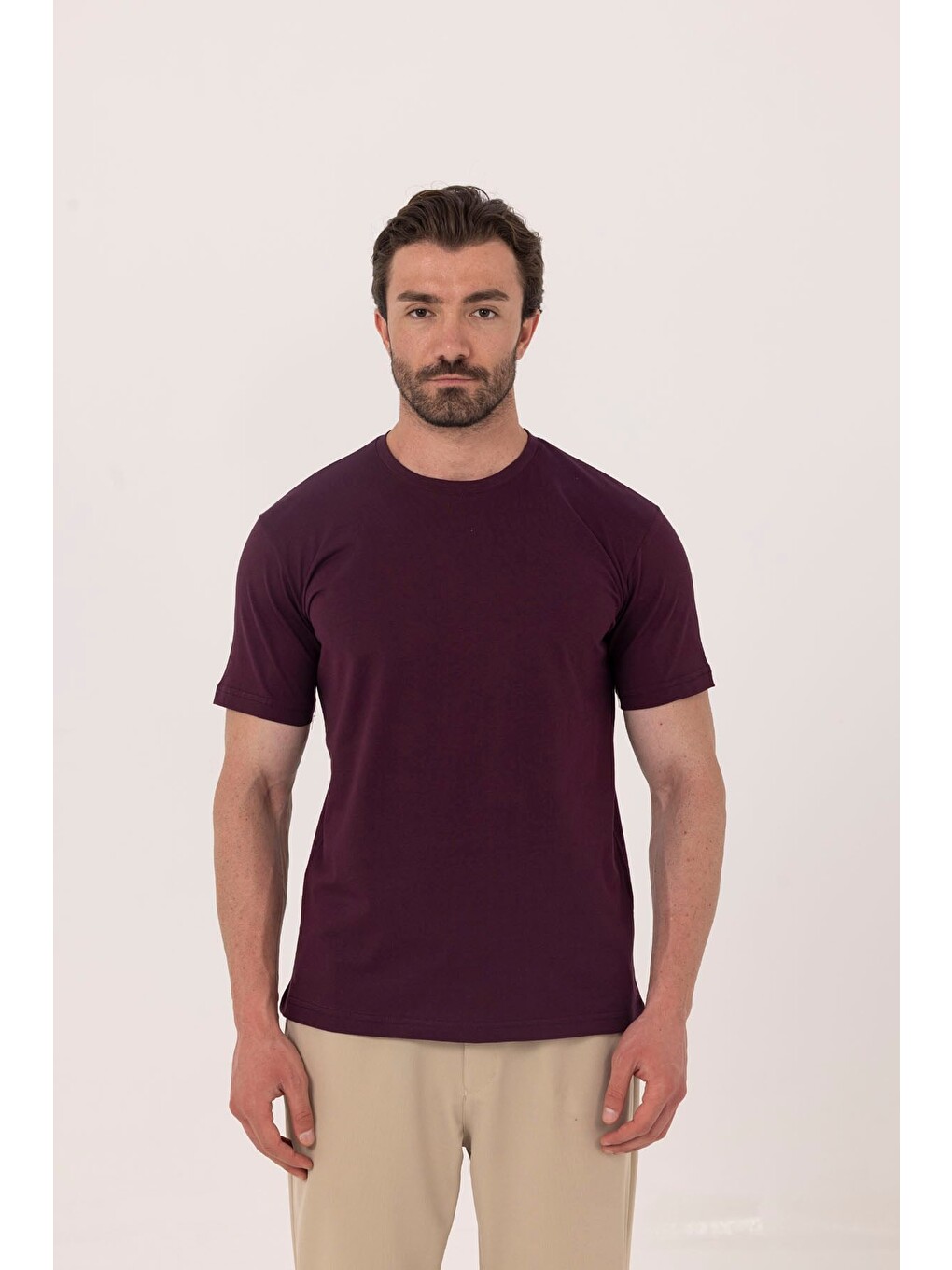 Bordo %100 Pamuk Bisiklet Yaka Düz Renk Basic T-shirt