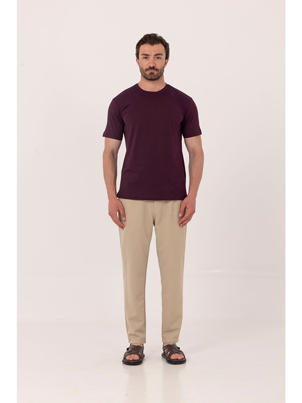 Bordo %100 Pamuk Bisiklet Yaka Düz Renk Basic T-shirt-1