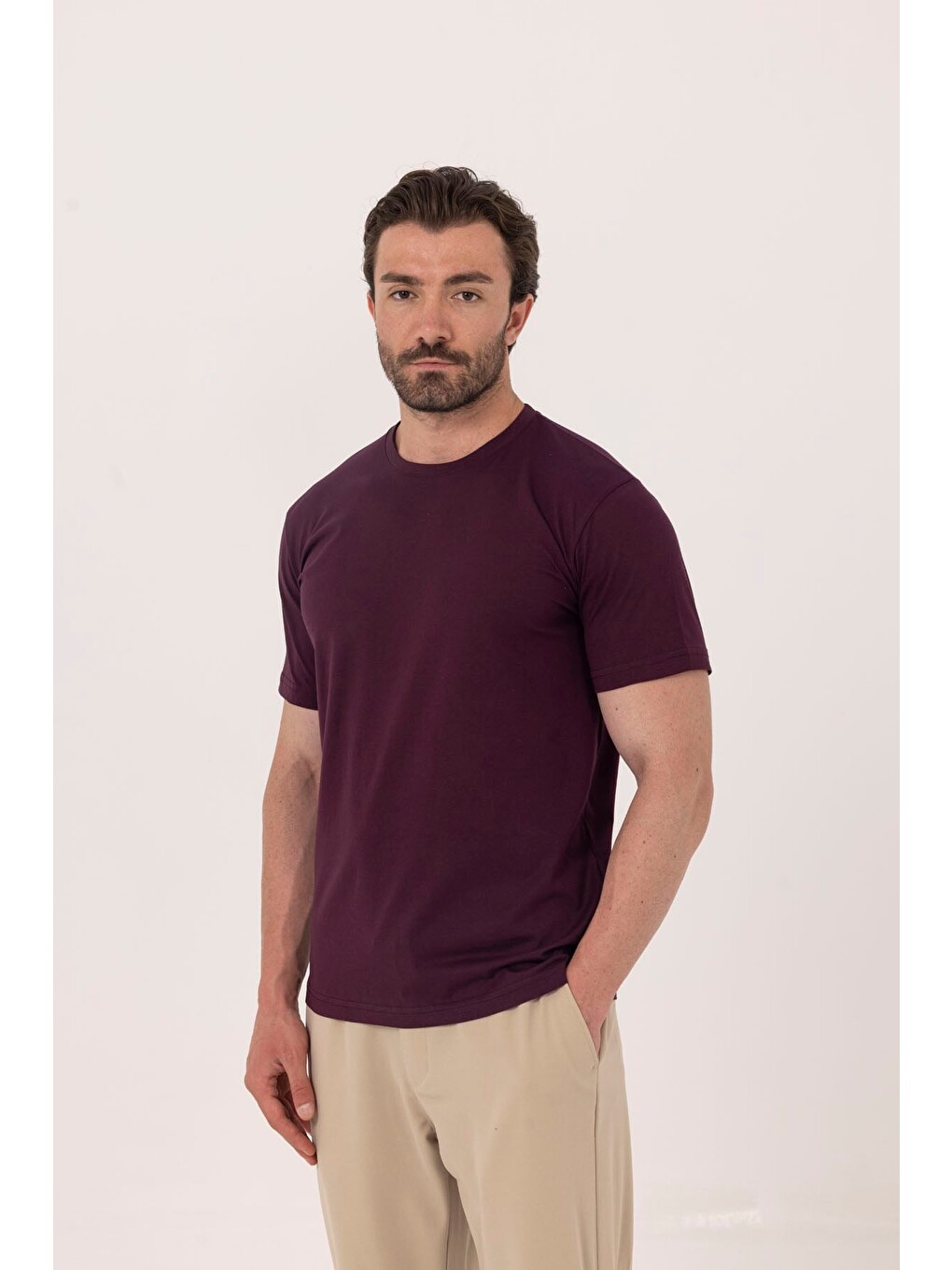 Bordo %100 Pamuk Bisiklet Yaka Düz Renk Basic T-shirt-2