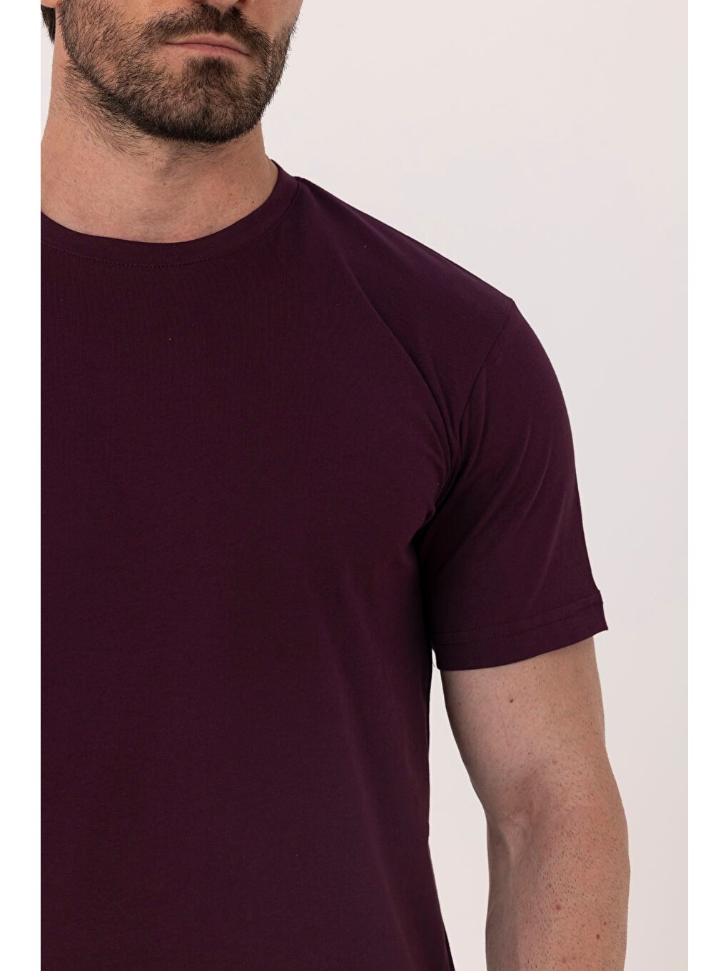Bordo %100 Pamuk Bisiklet Yaka Düz Renk Basic T-shirt-3