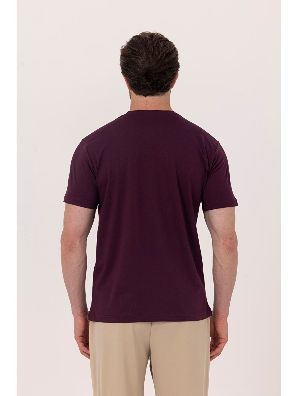 Bordo %100 Pamuk Bisiklet Yaka Düz Renk Basic T-shirt-4