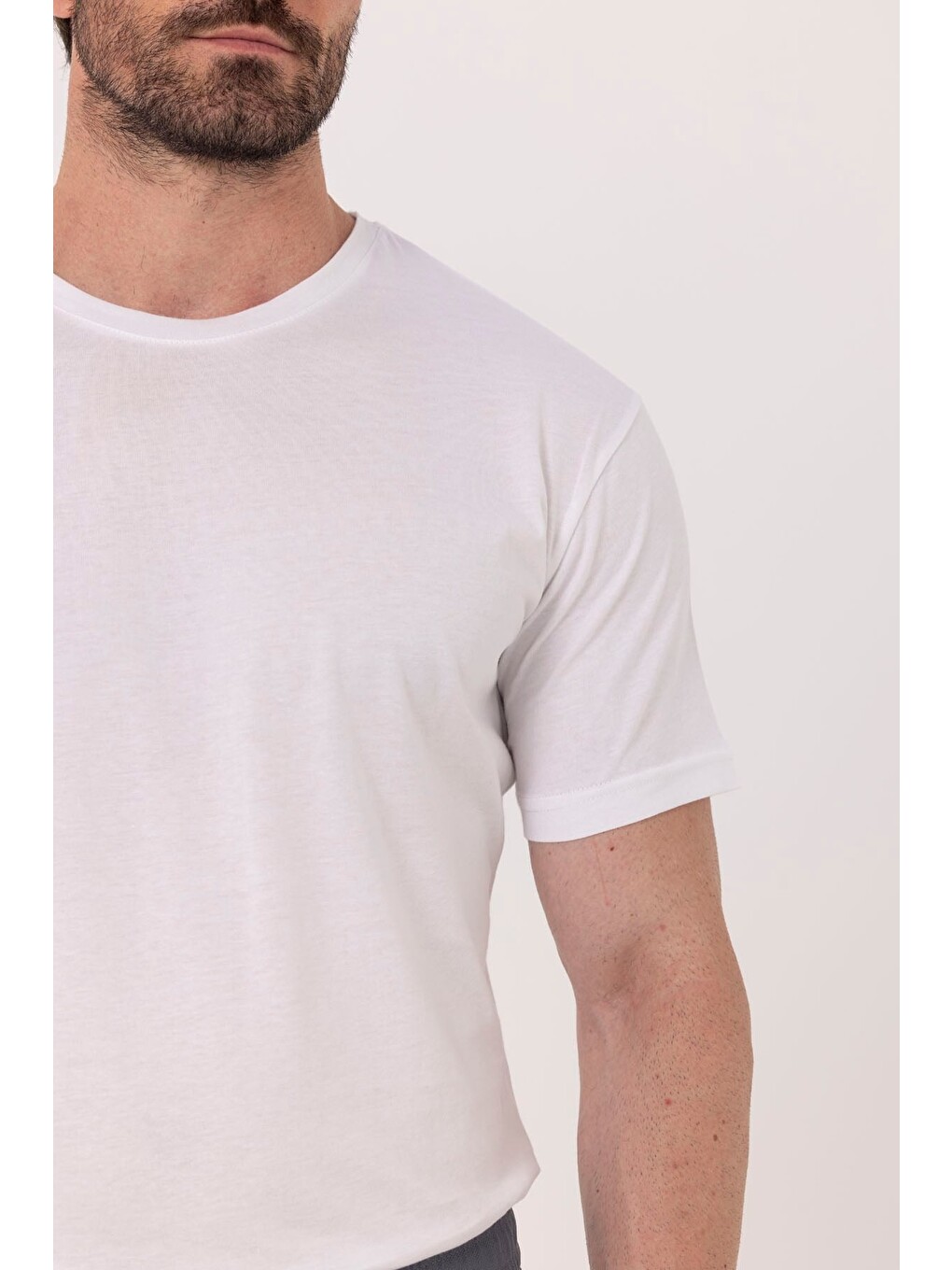 Beyaz %100 Pamuk Bisiklet Yaka Düz Renk Basic T-shirt-3