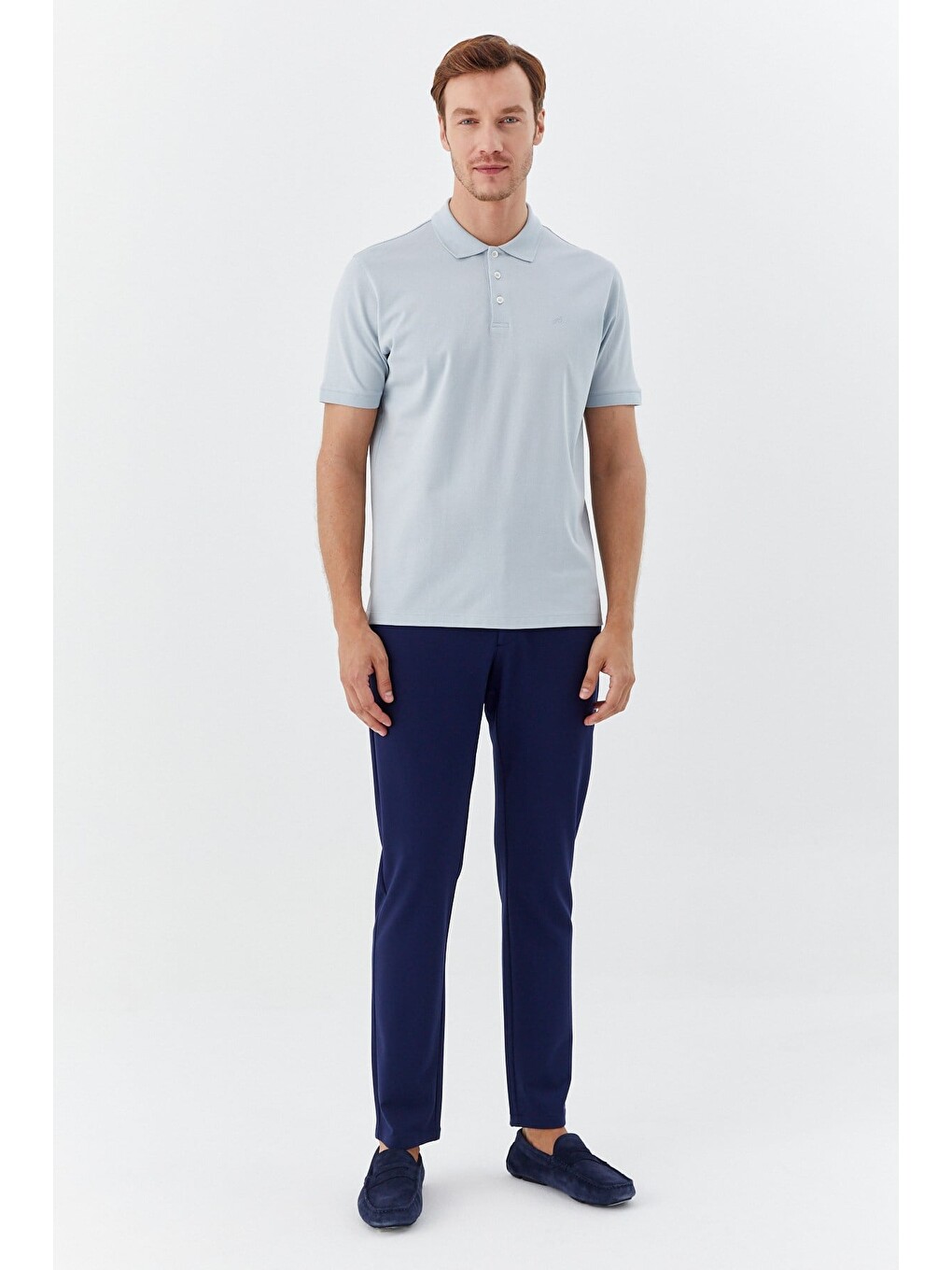 Açık Gri %100 Pamuk Dokuma Slim Fit Polo Yaka T-shirt-1