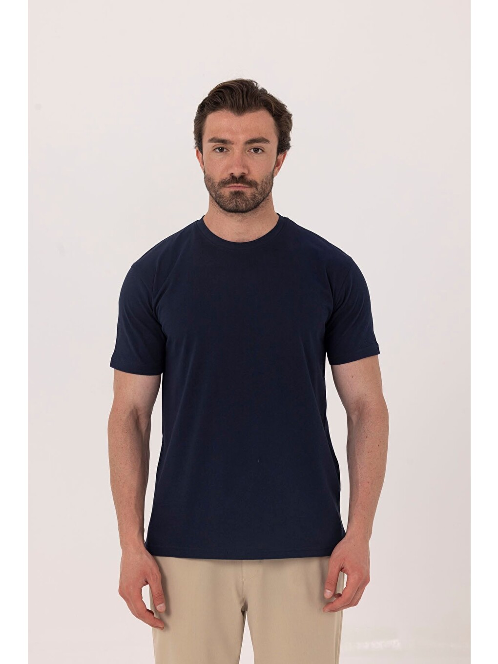 Lacivert %100 Pamuk Bisiklet Yaka Düz Renk Basic T-shirt