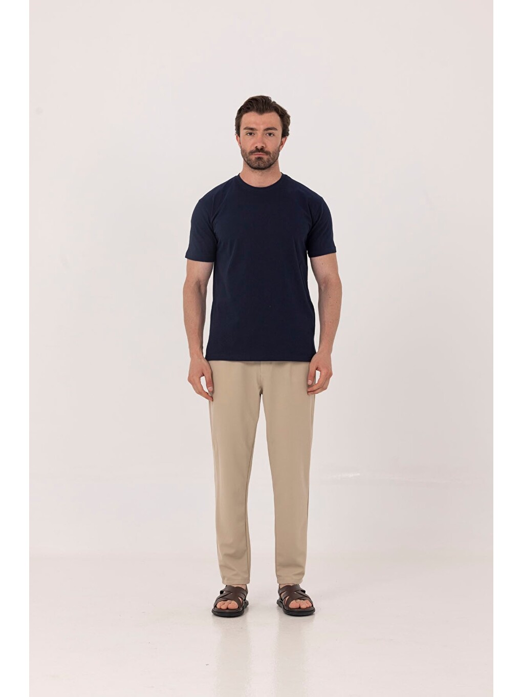 Lacivert %100 Pamuk Bisiklet Yaka Düz Renk Basic T-shirt-1