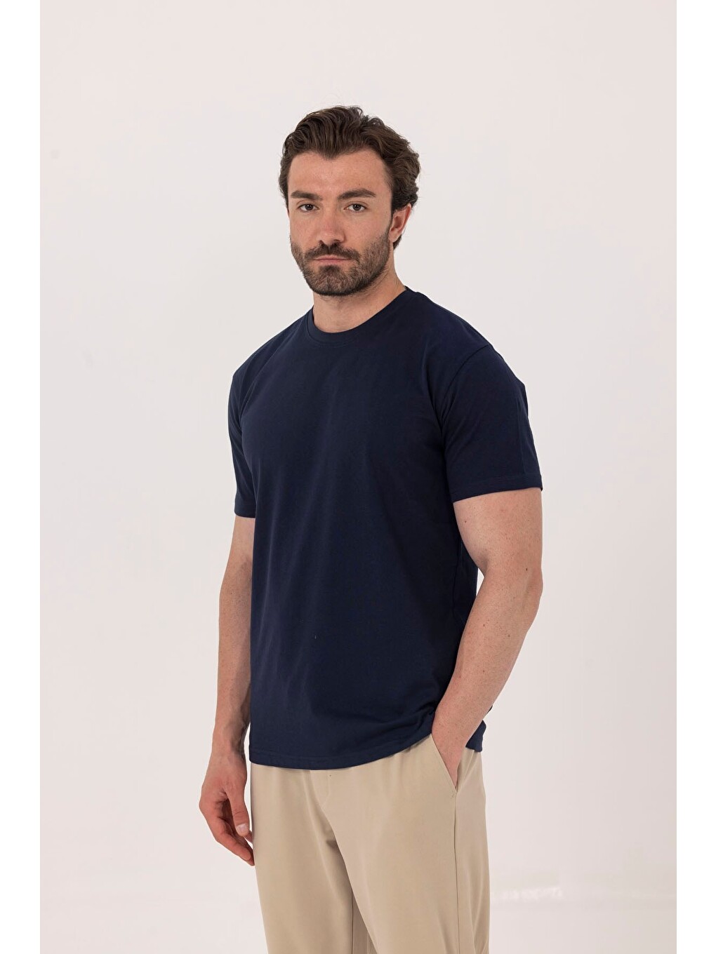 Lacivert %100 Pamuk Bisiklet Yaka Düz Renk Basic T-shirt-2