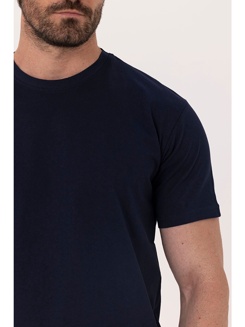 Lacivert %100 Pamuk Bisiklet Yaka Düz Renk Basic T-shirt-3