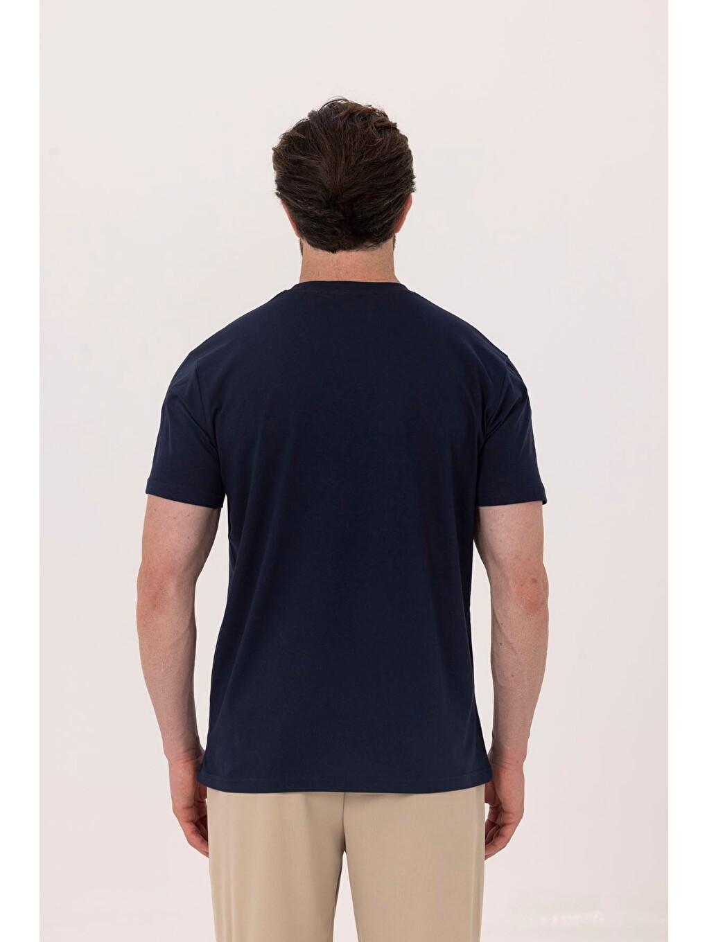 Lacivert %100 Pamuk Bisiklet Yaka Düz Renk Basic T-shirt-4