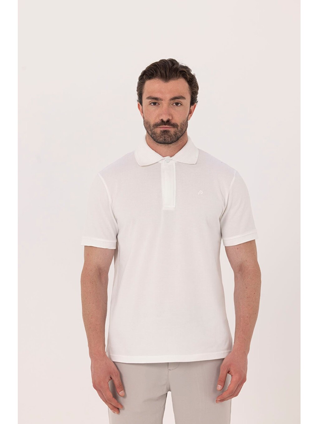 Ekru %100 Pamuk Gizli Fermuarlı Polo Yaka T-shirt