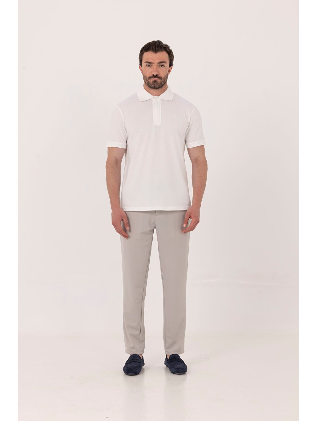 Ekru %100 Pamuk Gizli Fermuarlı Polo Yaka T-shirt-1