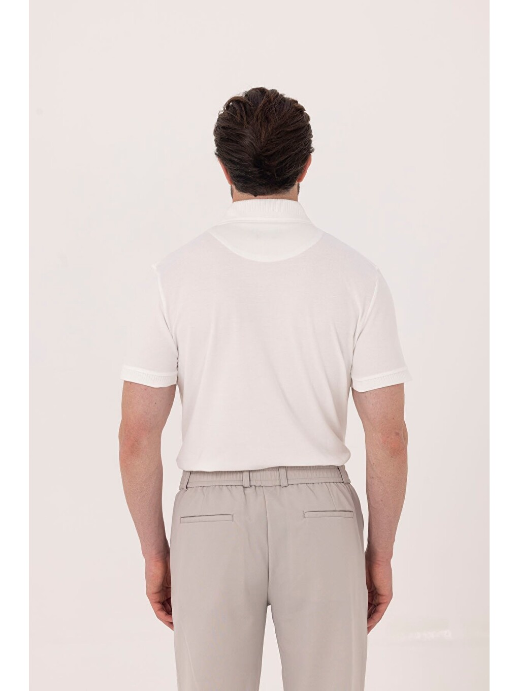 Ekru %100 Pamuk Gizli Fermuarlı Polo Yaka T-shirt-4