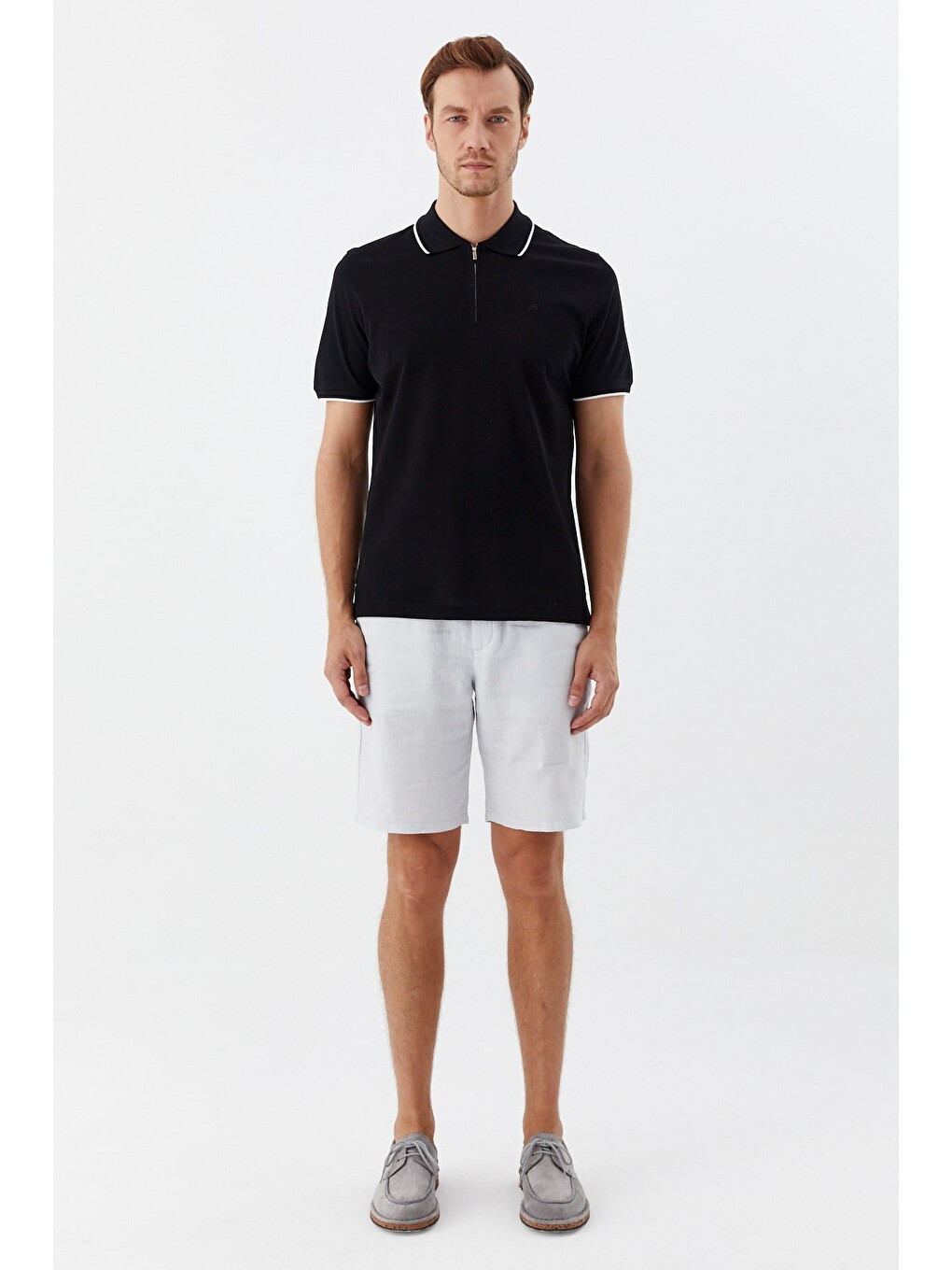 Siyah Regular Fit %100 Pamuk Fermuarlı Polo Yaka T-shirt-1