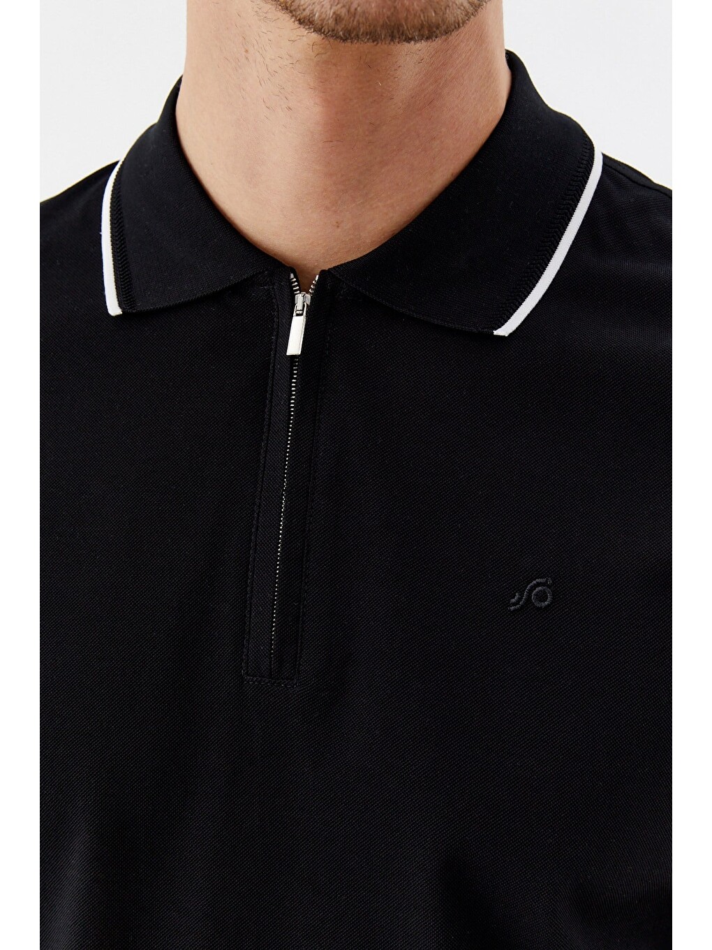 Siyah Regular Fit %100 Pamuk Fermuarlı Polo Yaka T-shirt-3