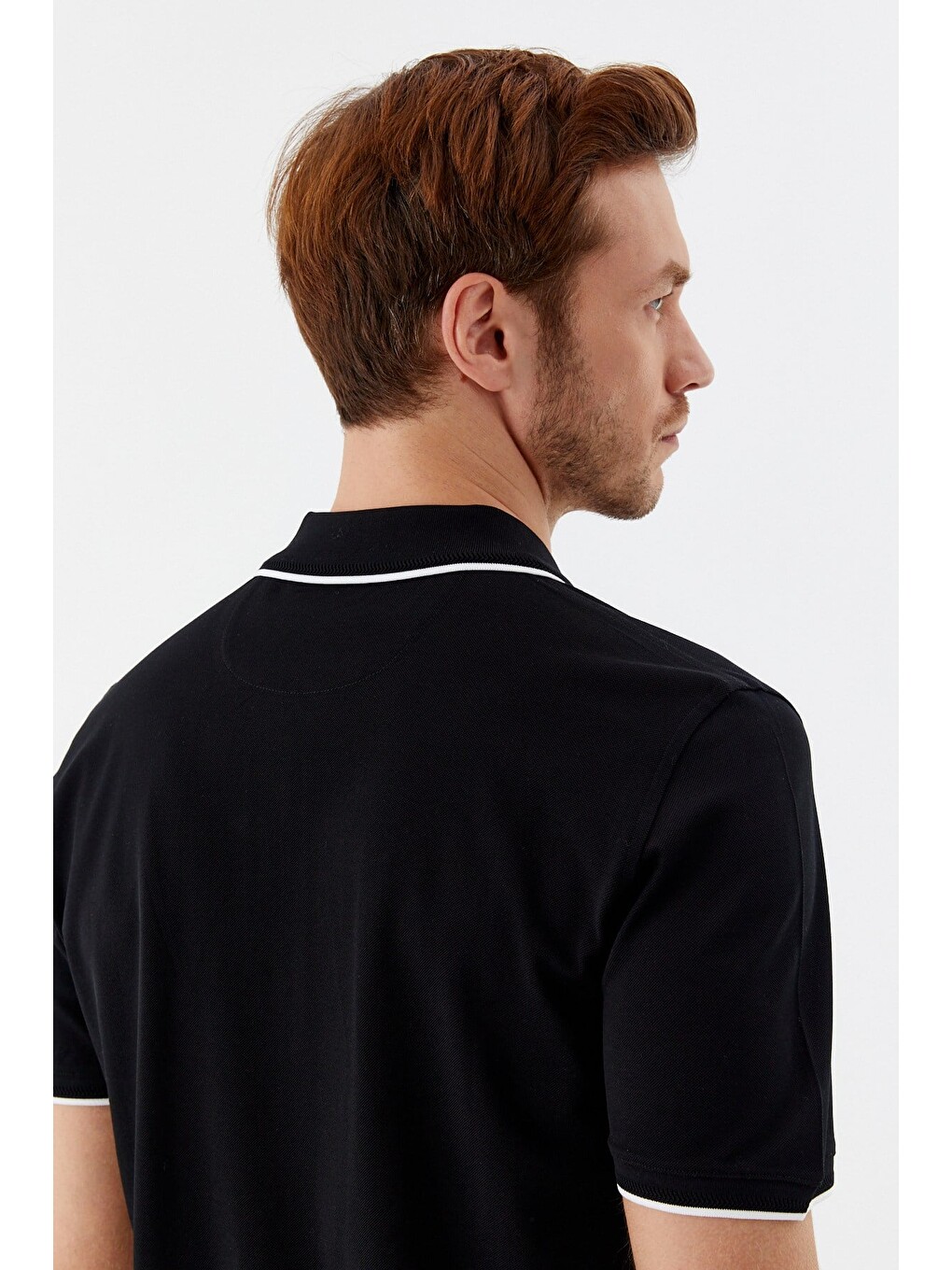 Siyah Regular Fit %100 Pamuk Fermuarlı Polo Yaka T-shirt-4