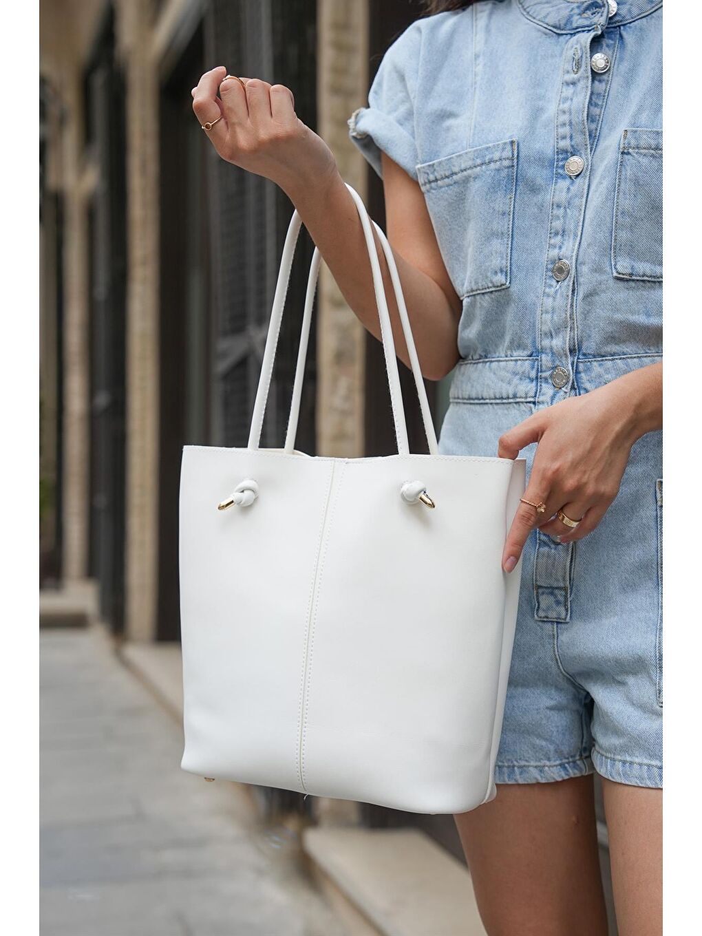 Düğümlü Askılı Tote Çanta Beyaz-1