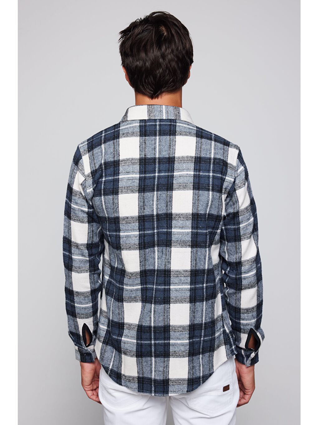 Karışık Slim Fit Dar Kesim Spor Yaka Kareli Oduncu Siyah-Gri Erkek Gömlek-4