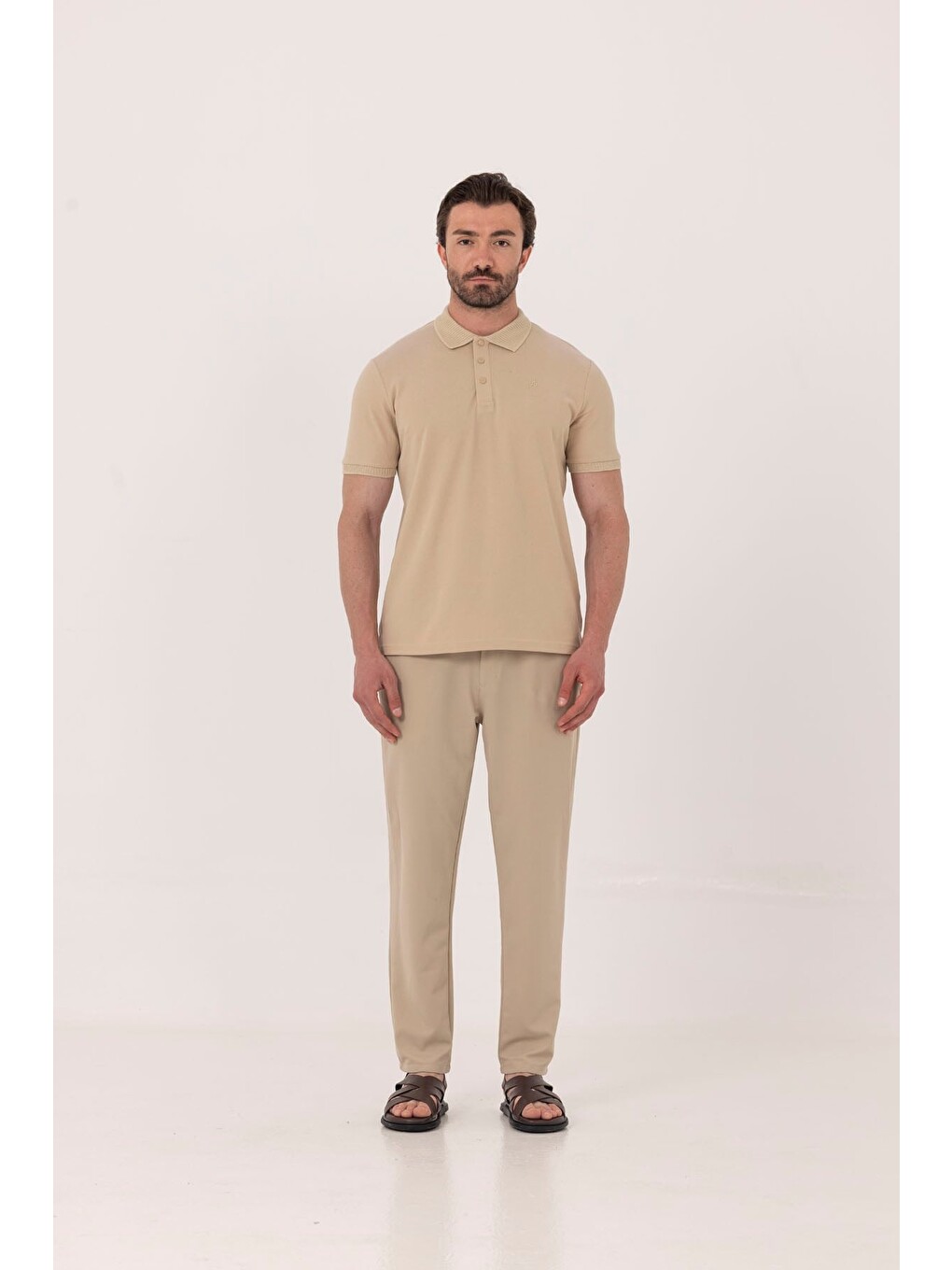 Bej Kum %100 Pamuk Patlı Polo Yaka Regular Fit T-shirt-3