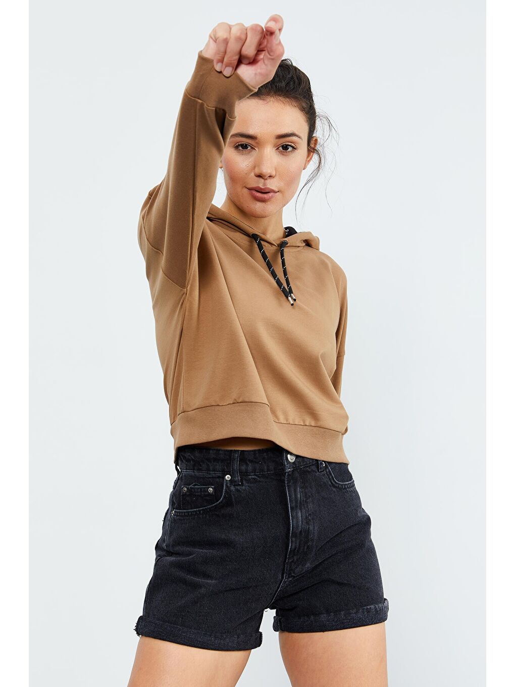 Kahverengi Toprak Uzun Kol Rahat Form Kapüşonlu Kadın Sweatshirt - 97115-2