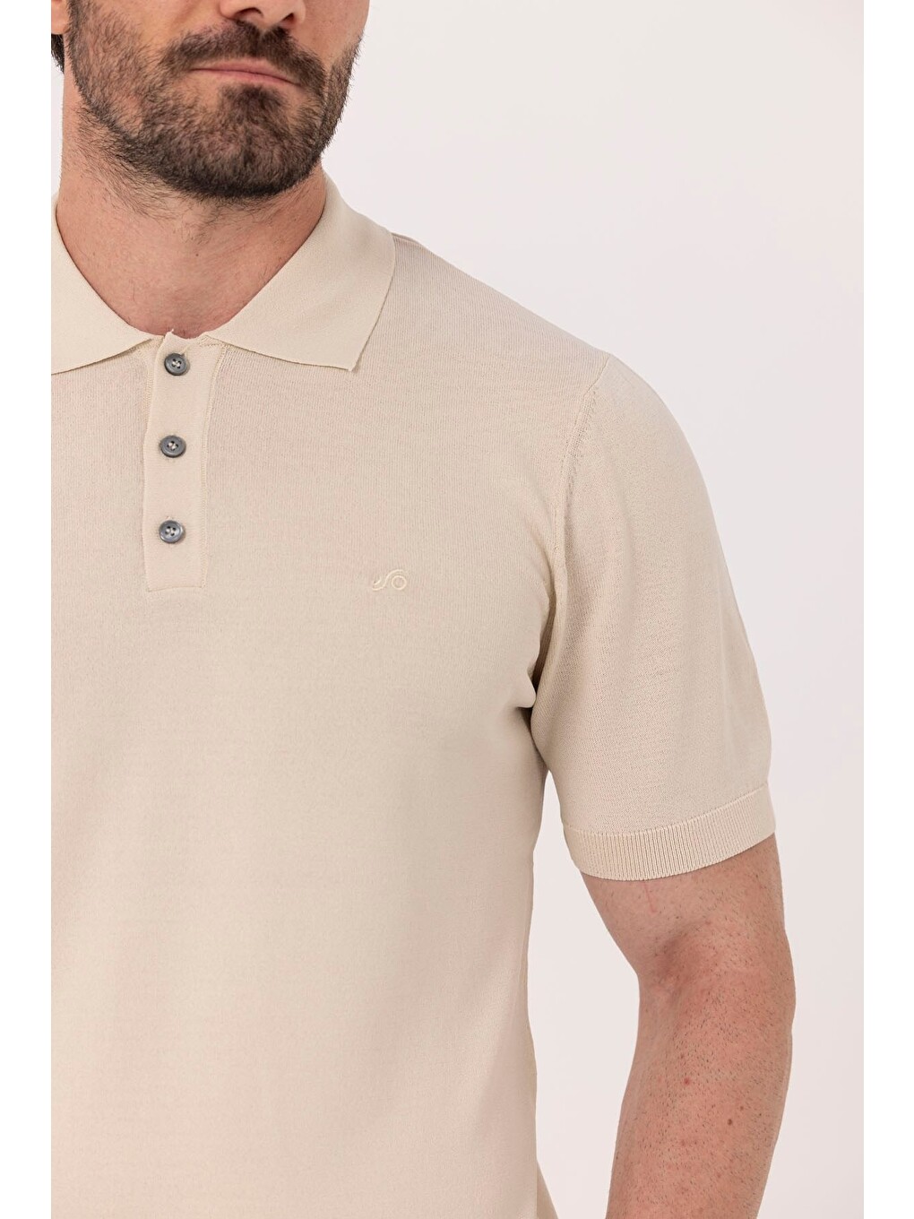 Bej Regular Fit Göğüs Nakış Detaylı Polo Yaka Triko T-shirt-2