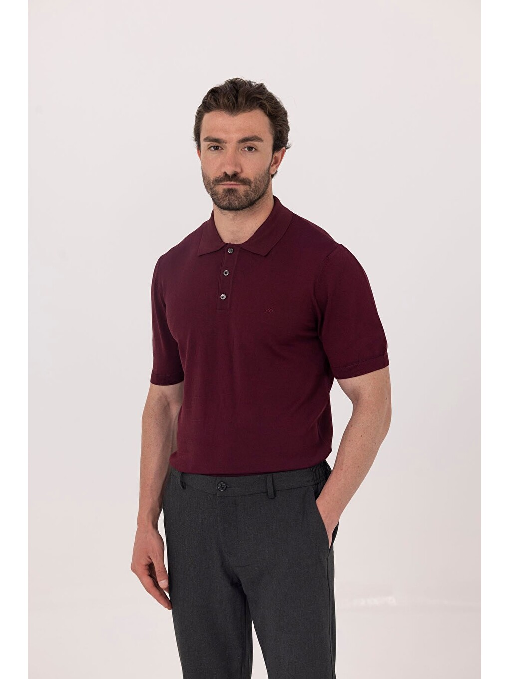 Bordo Regular Fit Göğüs Nakış Detaylı Polo Yaka Triko T-shirt-1