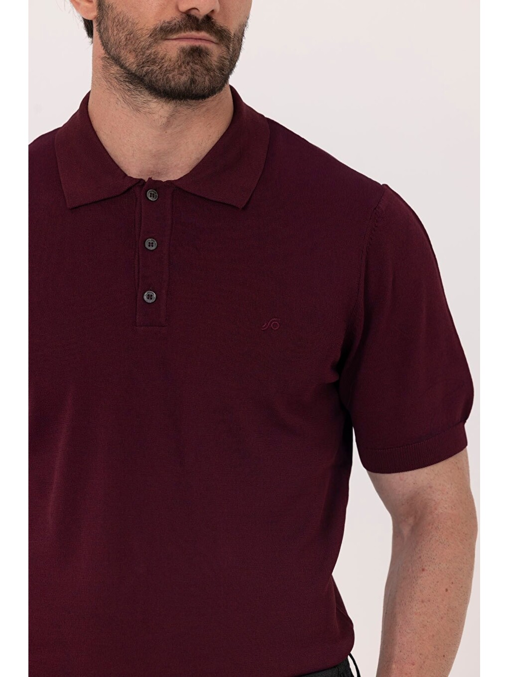 Bordo Regular Fit Göğüs Nakış Detaylı Polo Yaka Triko T-shirt-2