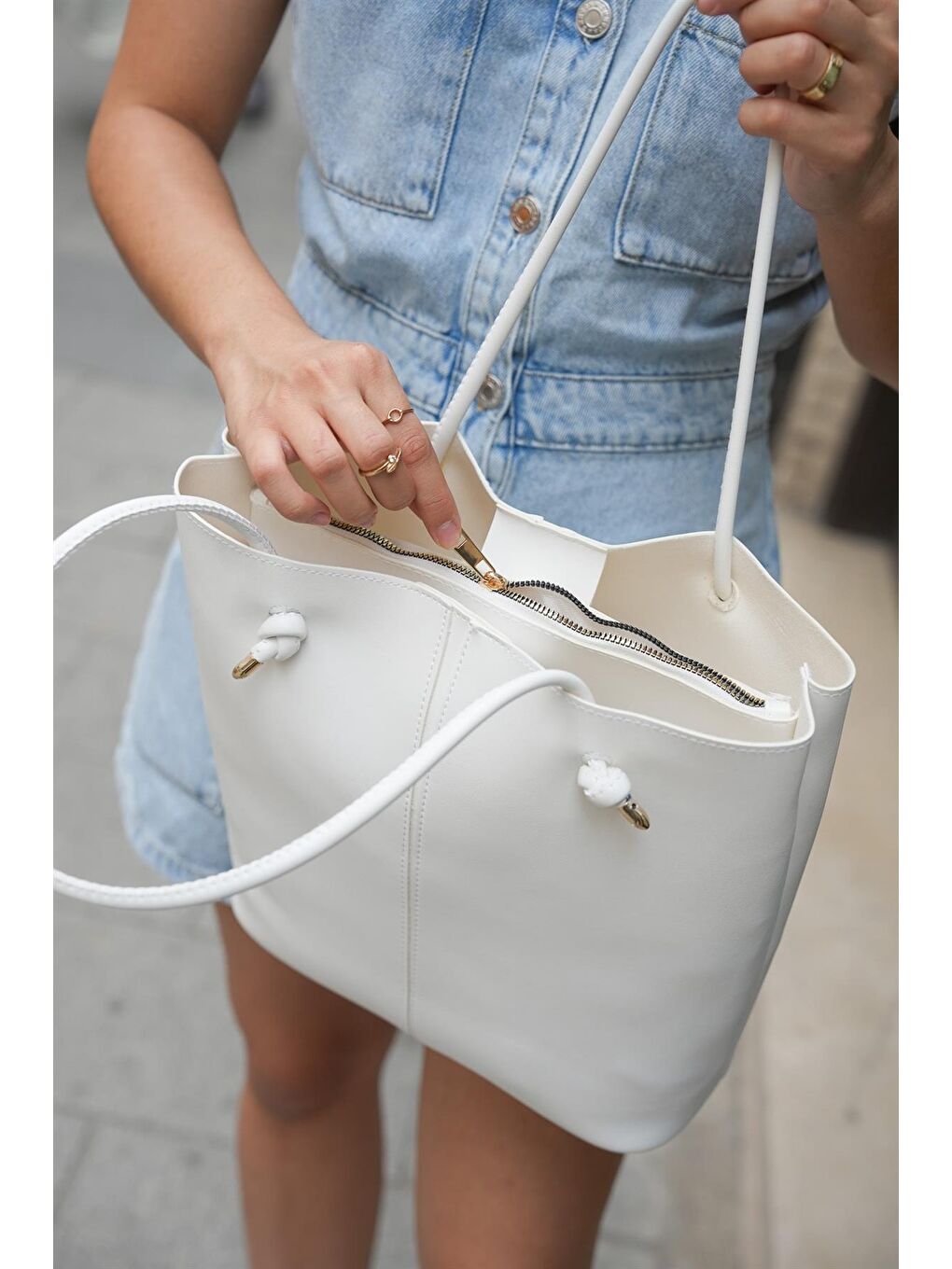 Düğümlü Askılı Tote Çanta Beyaz-4