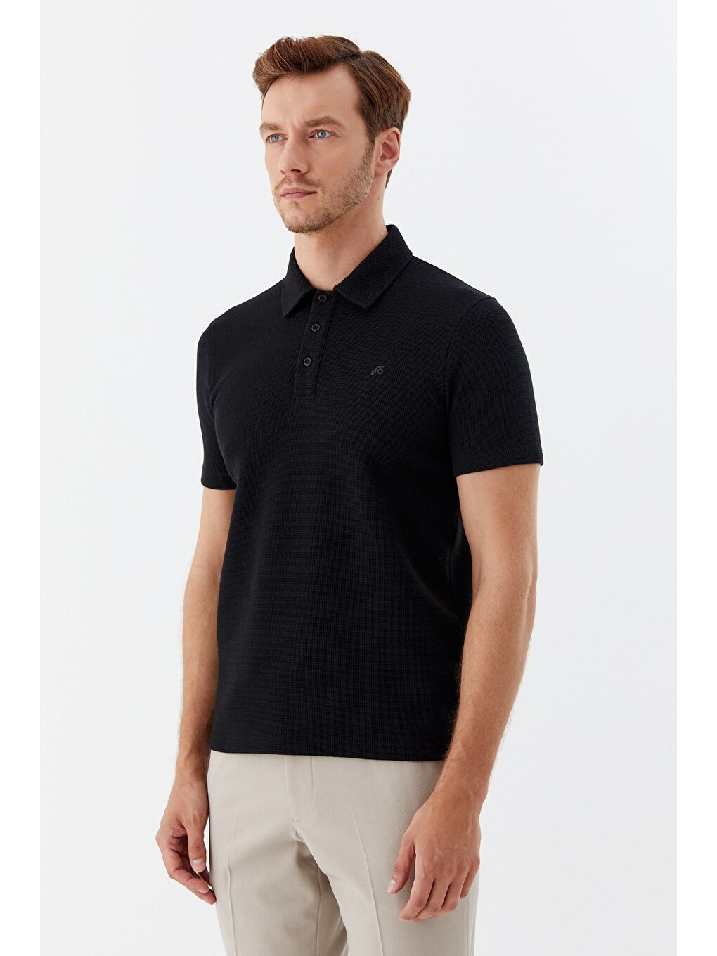 Siyah Piti Kare Desenli Pamuklu Polo Yaka T-shirt-1