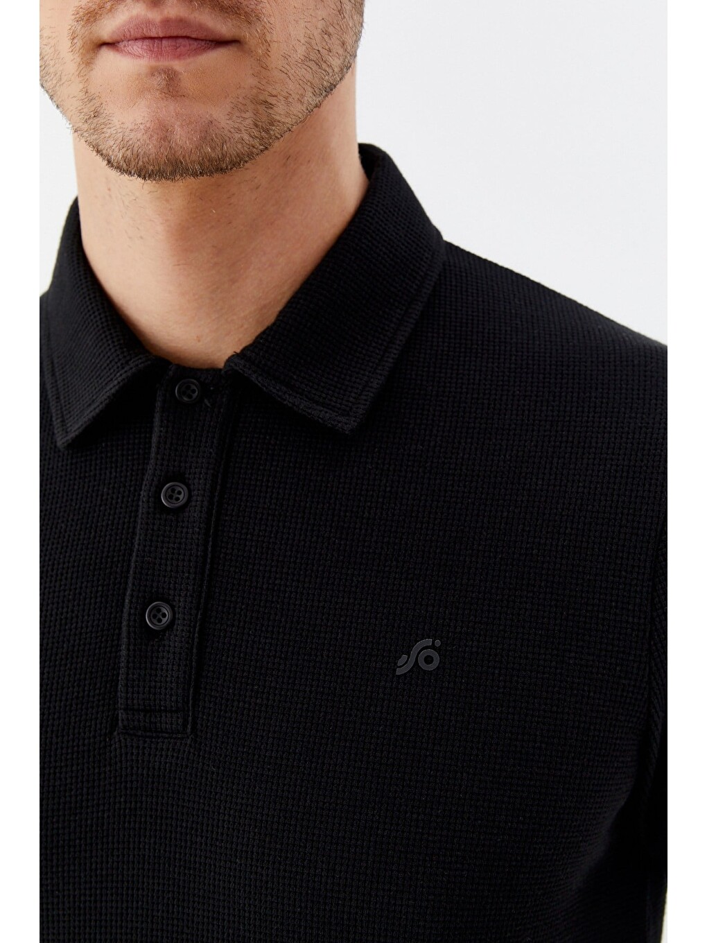 Siyah Piti Kare Desenli Pamuklu Polo Yaka T-shirt-3