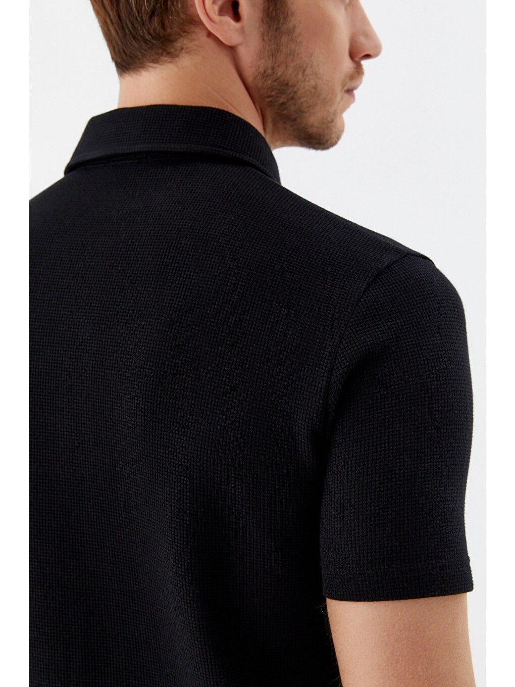 Siyah Piti Kare Desenli Pamuklu Polo Yaka T-shirt-4