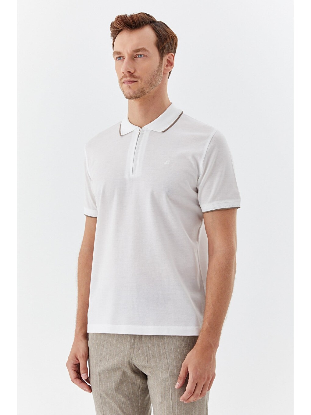 Beyaz Regular Fit %100 Pamuk Fermuarlı Polo Yaka T-shirt-1