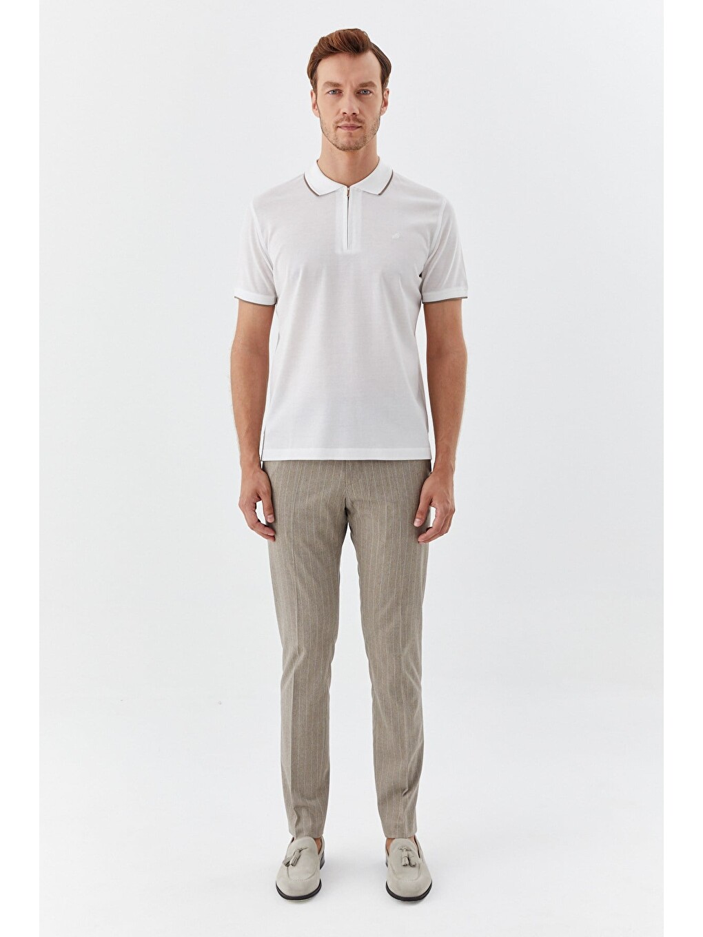 Beyaz Regular Fit %100 Pamuk Fermuarlı Polo Yaka T-shirt-2
