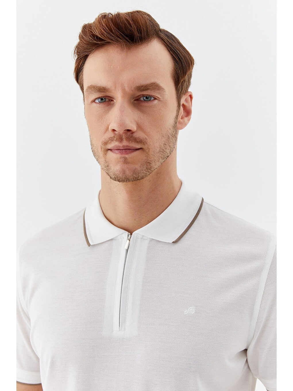 Beyaz Regular Fit %100 Pamuk Fermuarlı Polo Yaka T-shirt-3