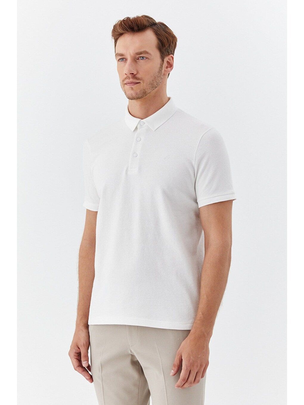 Ekru 100% Pamuk Çıtçıt Kapama Polo Yaka Kısa Kollu T-shirt-1