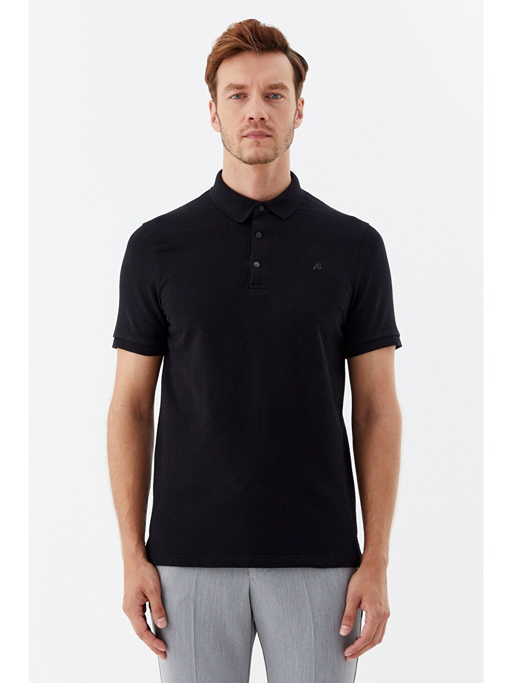 Siyah 100% Pamuk Çıtçıt Kapama Polo Yaka Kısa Kollu T-shirt