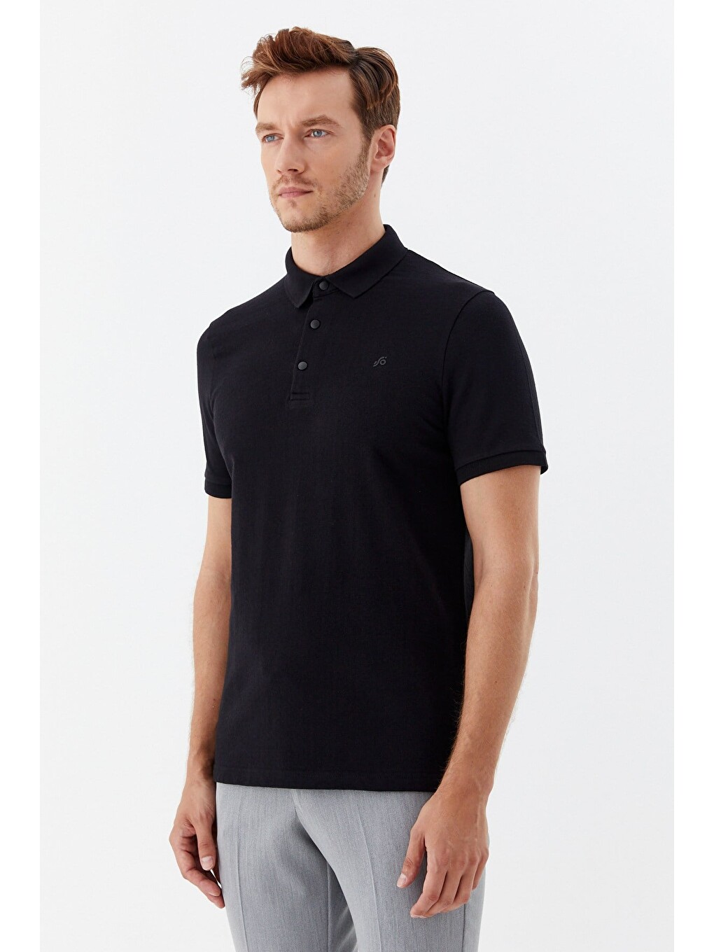 Siyah 100% Pamuk Çıtçıt Kapama Polo Yaka Kısa Kollu T-shirt-1