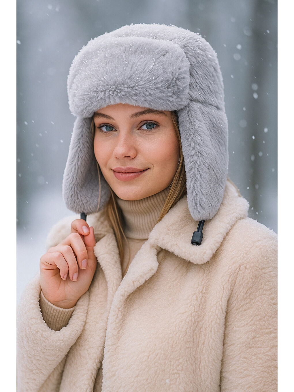 Kadın Gri Çıtçıtlı Kürklü Kulaklıklı Pelüş Bere Şapka Bere1127-4