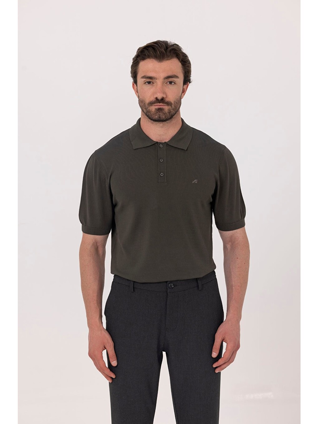 Koyu Yeşil Regular Fit Göğüs Nakış Detaylı Polo Yaka Triko T-shirt