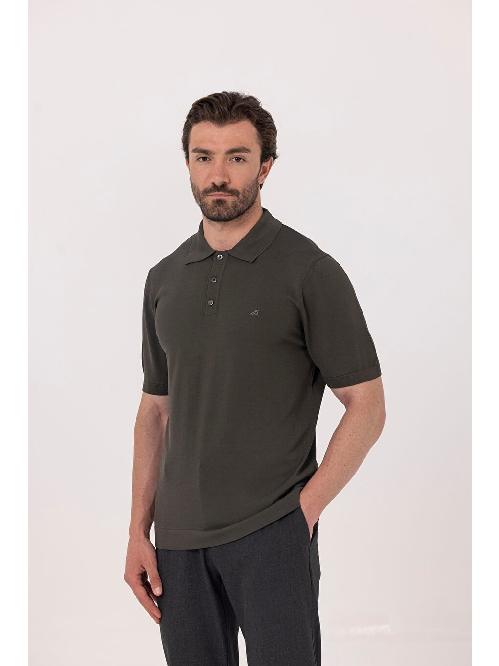 Koyu Yeşil Regular Fit Göğüs Nakış Detaylı Polo Yaka Triko T-shirt-1